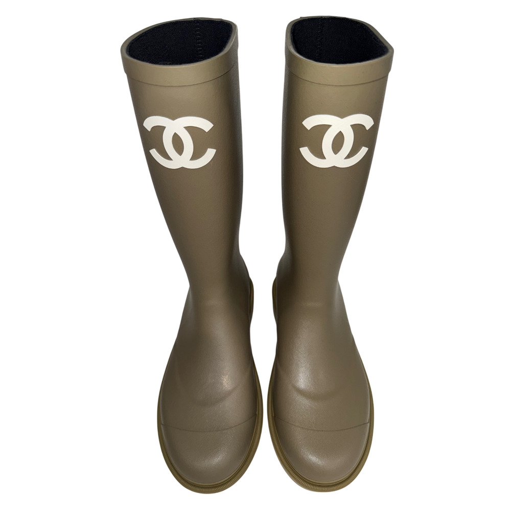 Chanel REV Dark Beige Moss Green White CC Logo High Pull On Rubber Rain Boots 39 - Picture 5 of 15